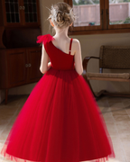 5163 New Year Gala Girls One Shoulder Dress Burgundy Gown for Christmas Recital Holiday Party Stage Performance Year End Celebration