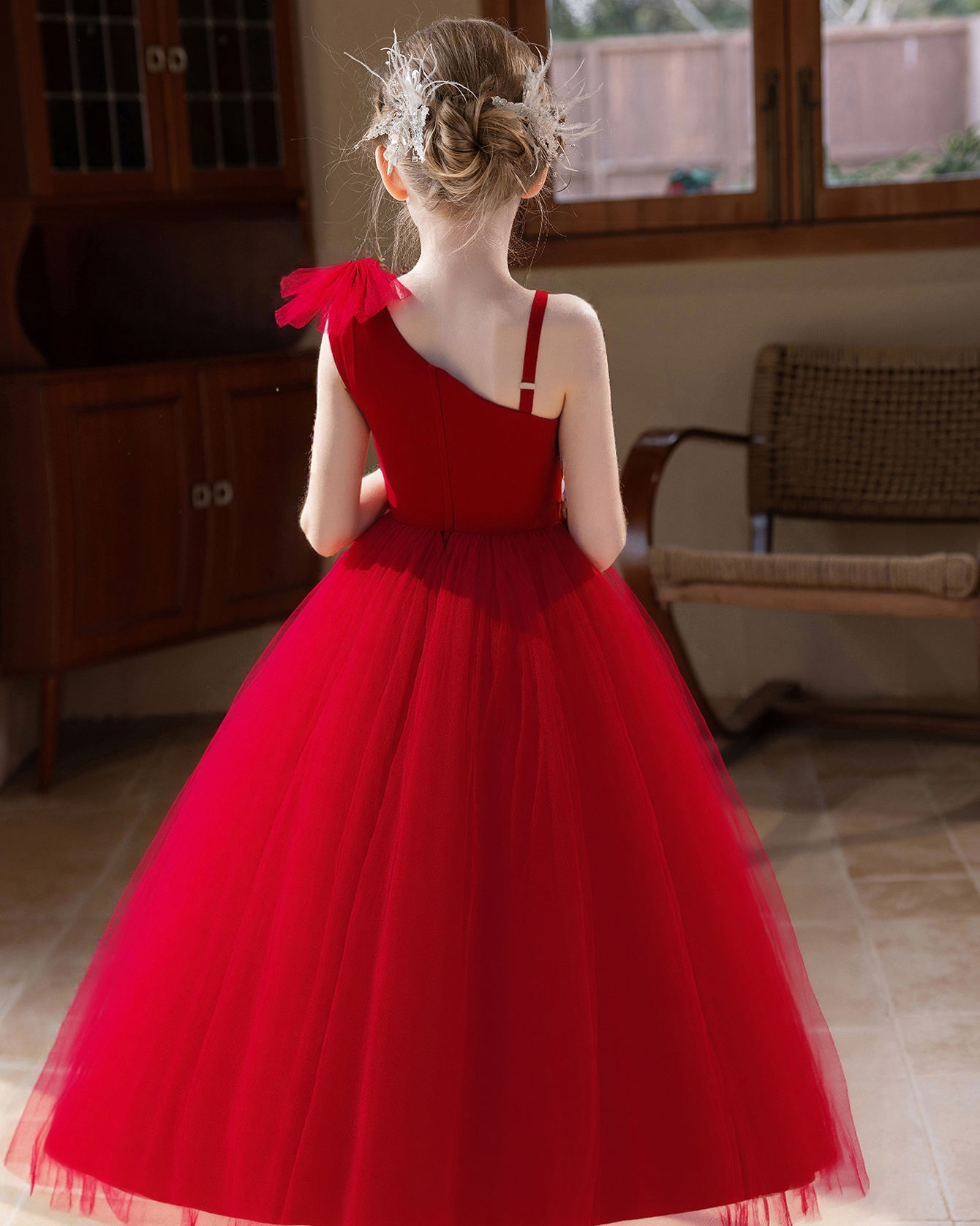 5163 New Year Gala Girls One Shoulder Dress Burgundy Gown for Christmas Recital Holiday Party Stage Performance Year End Celebration