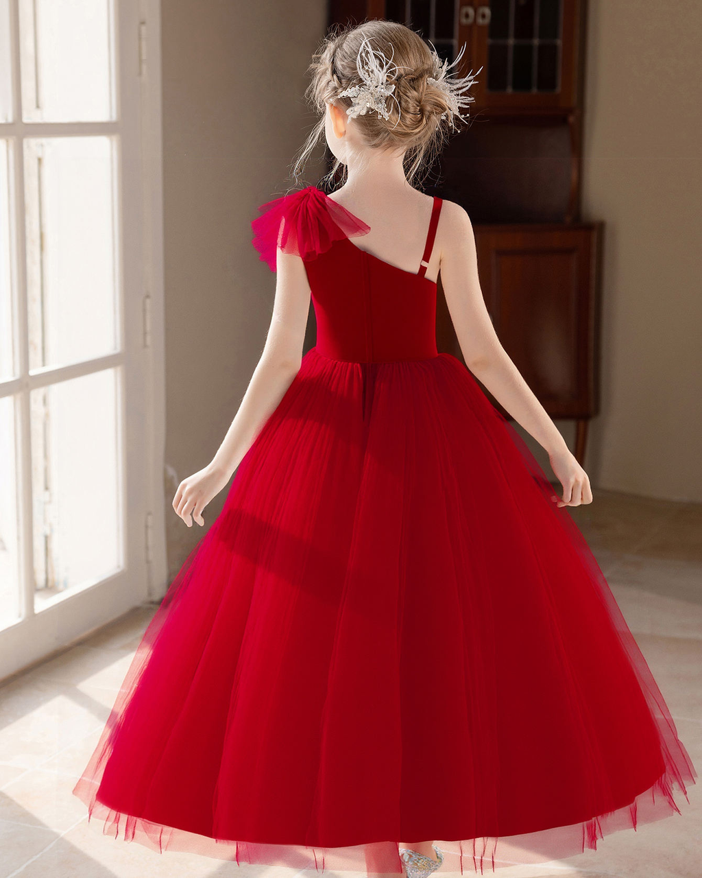 5163 New Year Gala Girls One Shoulder Dress Burgundy Gown for Christmas Recital Holiday Party Stage Performance Year End Celebration