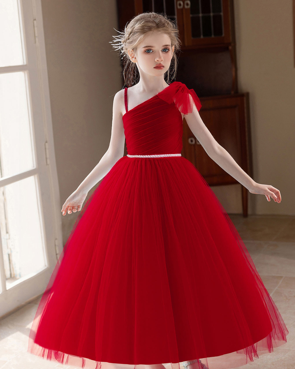 5163 New Year Gala Girls One Shoulder Dress Burgundy Gown for Christmas Recital Holiday Party Stage Performance Year End Celebration