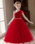 5163 New Year Gala Girls One Shoulder Dress Burgundy Gown for Christmas Recital Holiday Party Stage Performance Year End Celebration