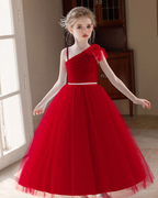 5163 New Year Gala Girls One Shoulder Dress Burgundy Gown for Christmas Recital Holiday Party Stage Performance Year End Celebration