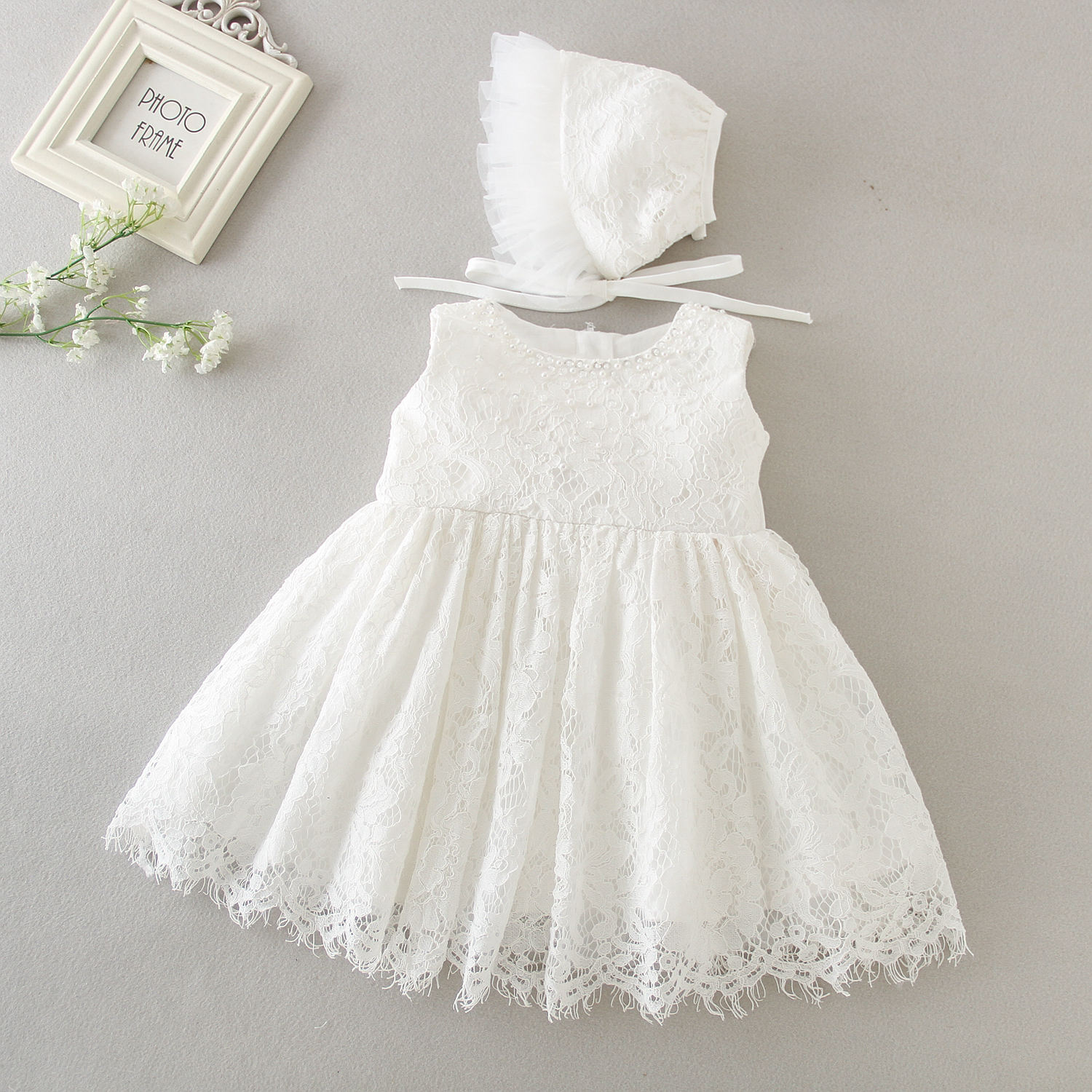 9866 Baby Girls Christening Baptism Dress 2 Piece Floral Lace Baptism Gown Christening Dress Set