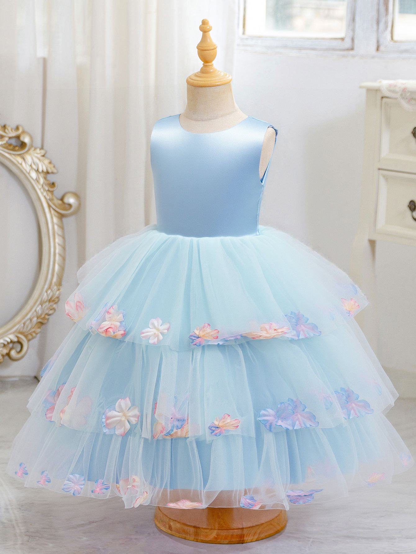 5270 Kids Dresses for Girls Sleeveless V Backless Girls' Dresses Floral Puffy Luxury Prom Party Gown