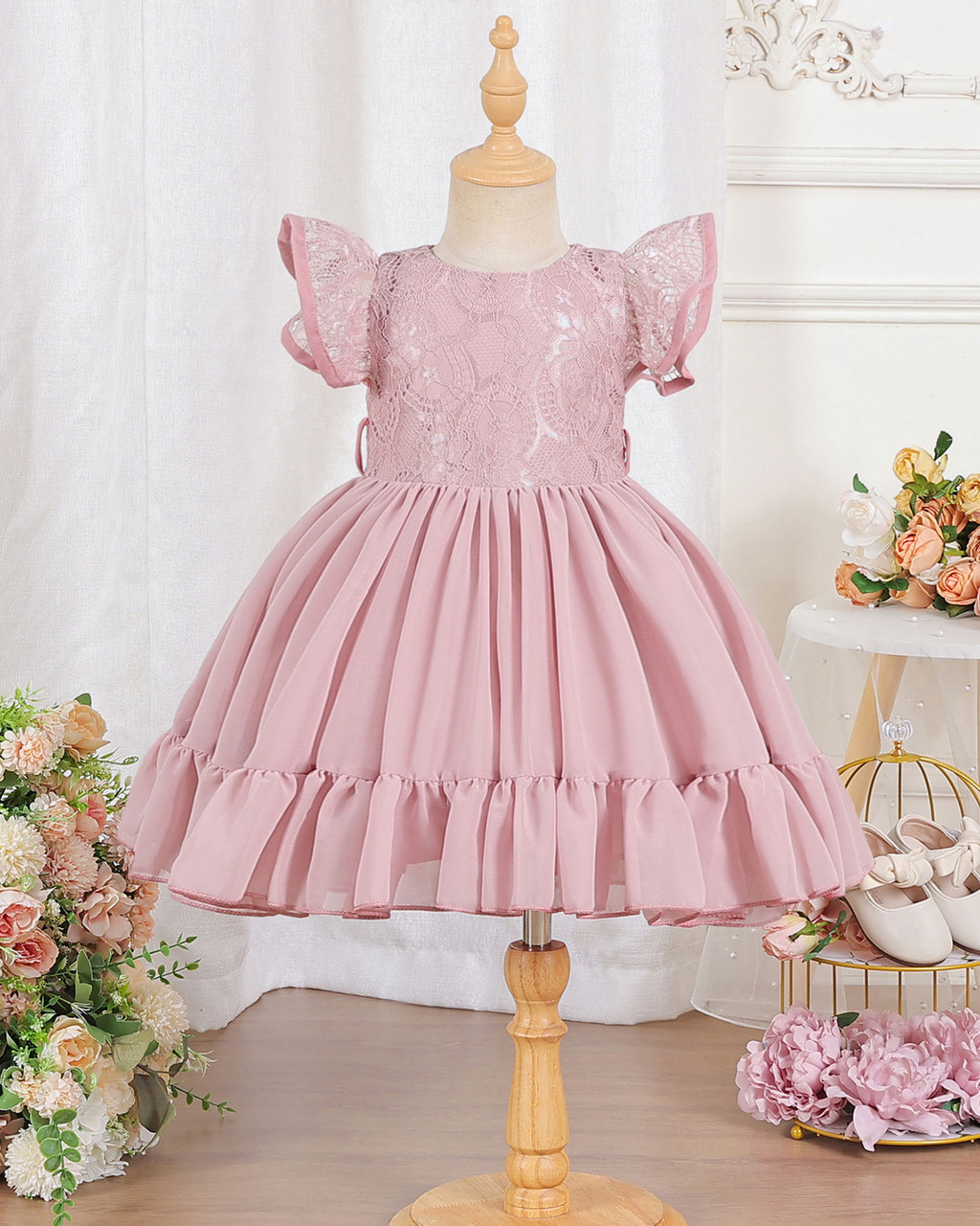 5179 Summer Lace Wedding Little Girl Dress Princess Short Sleeve Birthday Party Frock Hot Sale Girls Dresses 3-7 Years