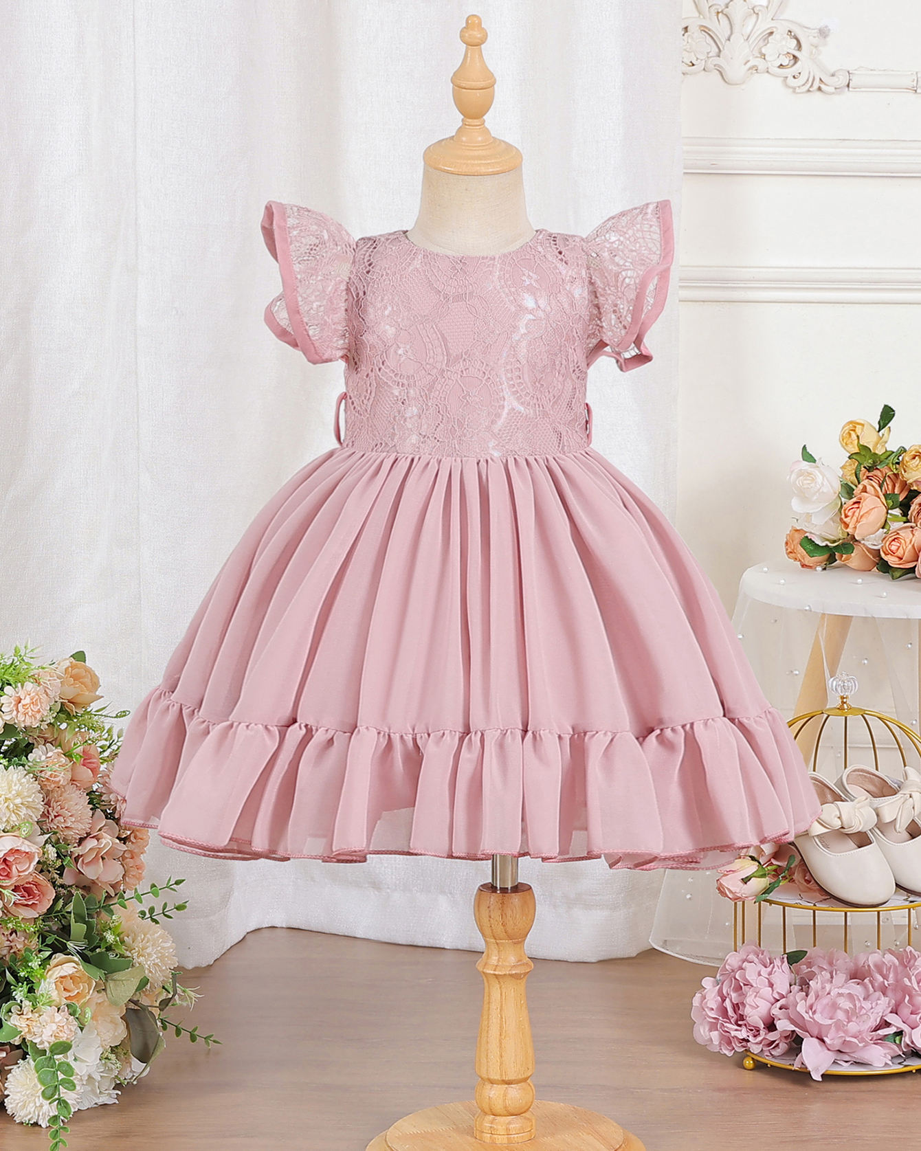 5179 Summer Lace Wedding Little Girl Dress Princess Short Sleeve Birthday Party Frock Hot Sale Girls Dresses 3-7 Years