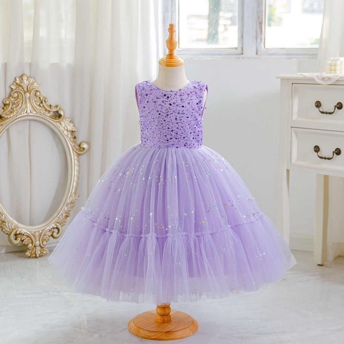 5265 Flower Girl Long Dress Backless Shiny Princess Kids Girls Clothes Princess Dresses for Girl Party Birthday