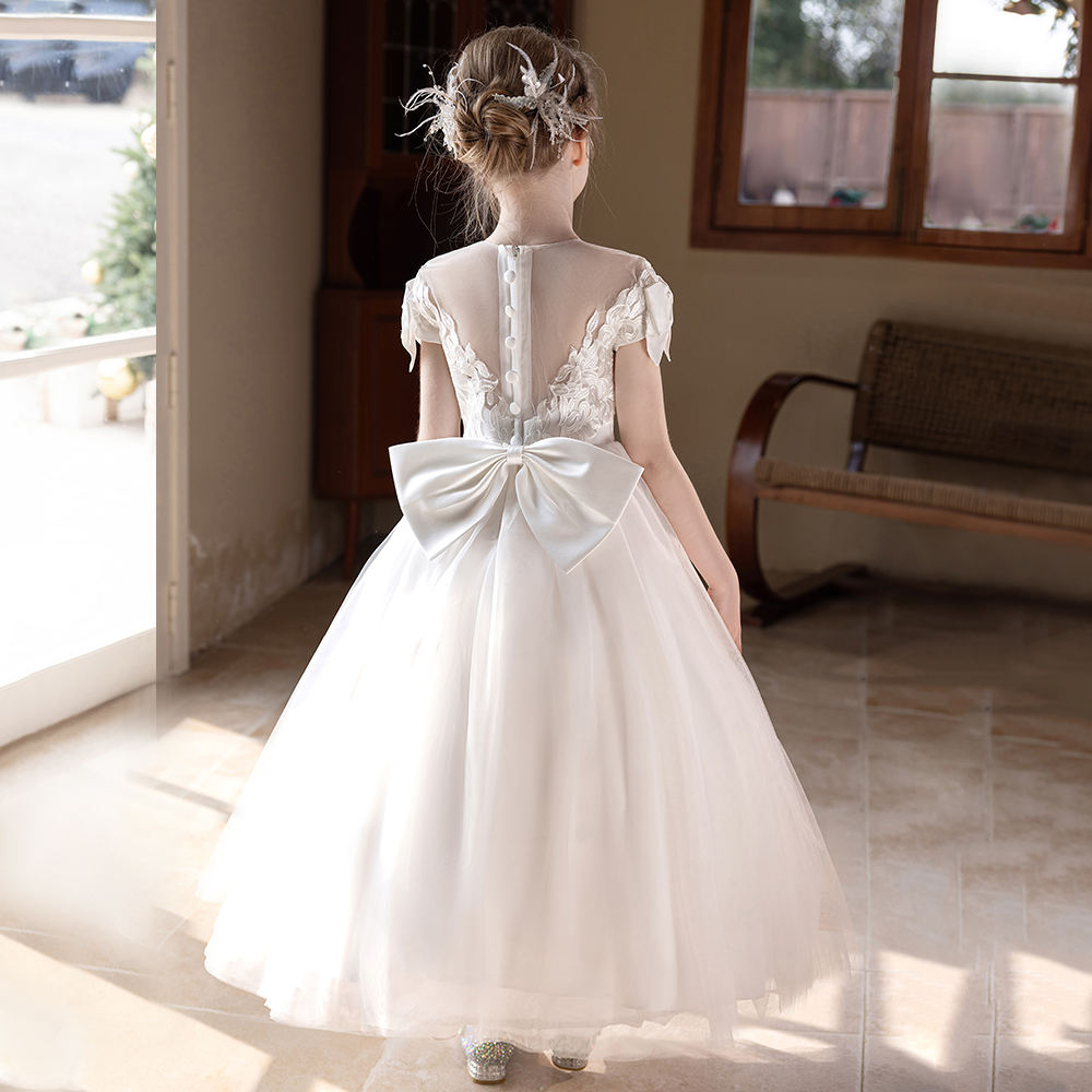 5162 Wholesale Girls Gown Wedding Flower Girls Dresses Sheer Neck Applique Lace Tulle Formal Night Dress for Girls 4-11 Years Old