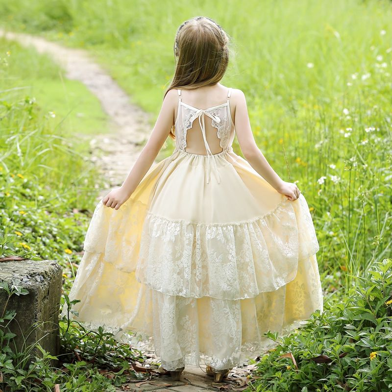 7686 Flower Girl Dresses for Lace Boho Formal Birthday Party Long Tulle Backless Ball Gown Kid Elegant Princess Ruffles New Dress