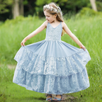 7686 Flower Girl Dresses for Lace Boho Formal Birthday Party Long Tulle Backless Ball Gown Kid Elegant Princess Ruffles New Dress