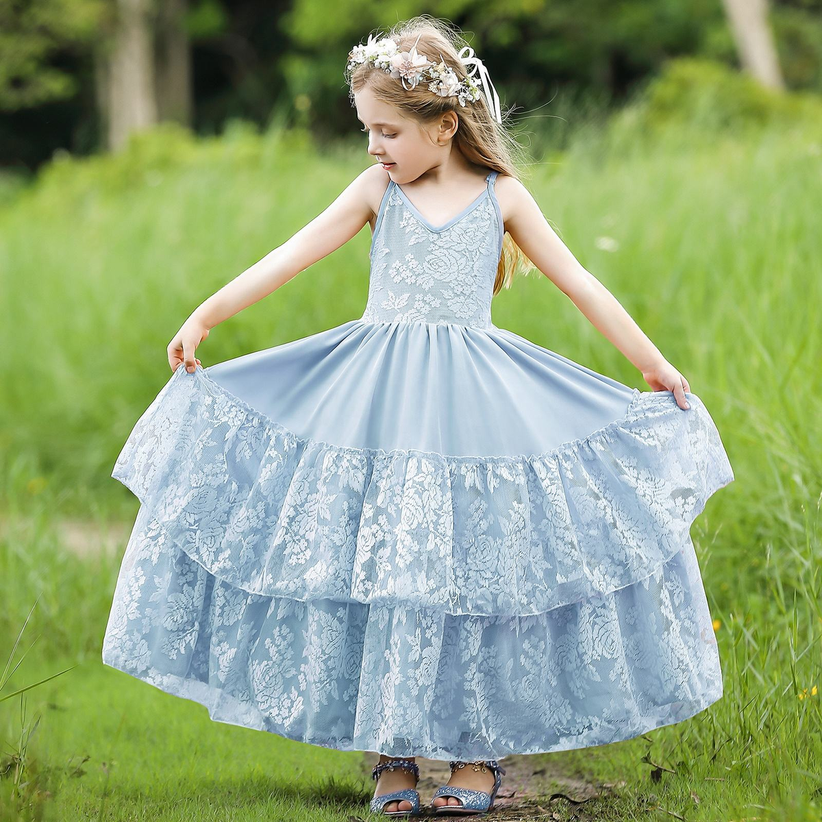 7686 Flower Girl Dresses for Lace Boho Formal Birthday Party Long Tulle Backless Ball Gown Kid Elegant Princess Ruffles New Dress