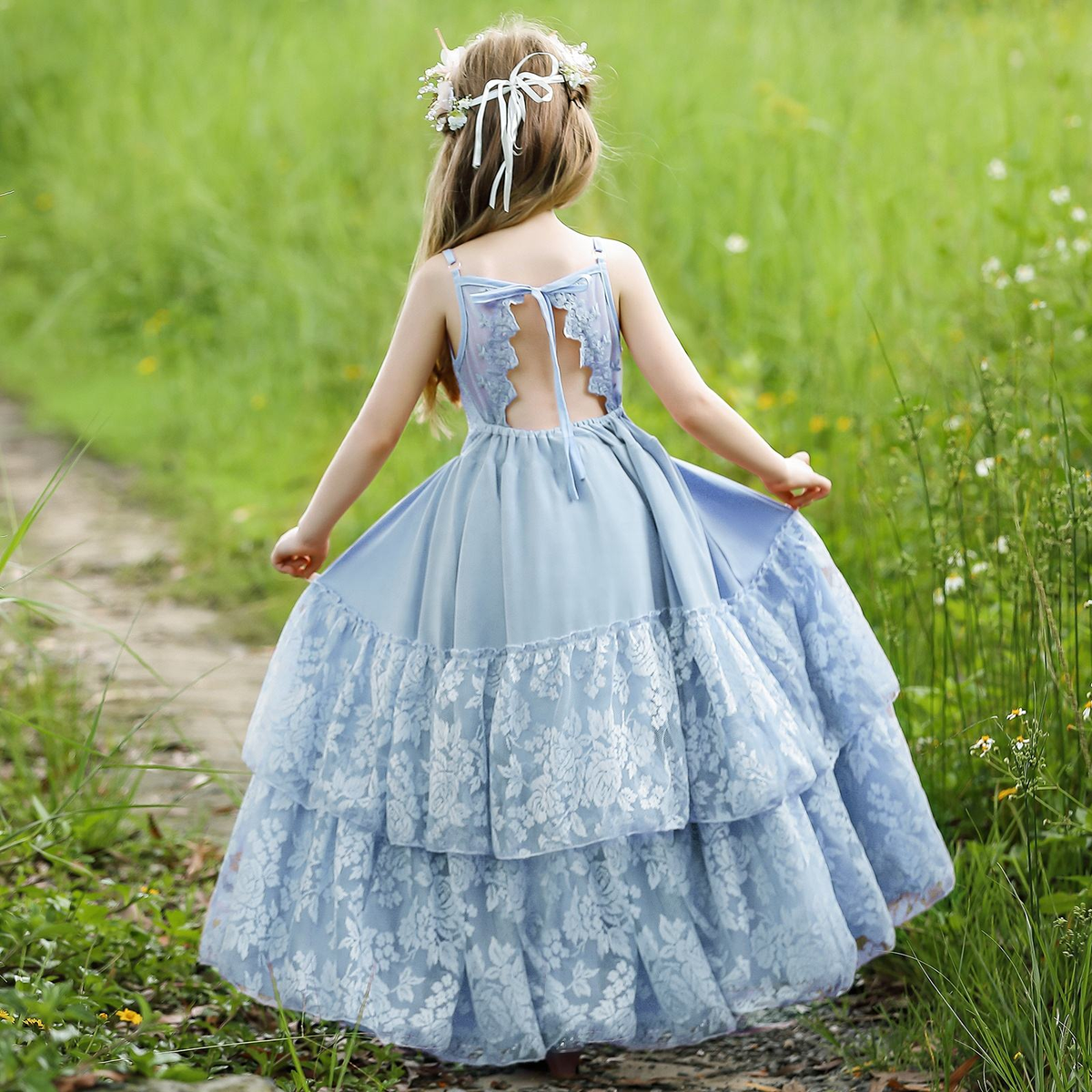 7686 Flower Girl Dresses for Lace Boho Formal Birthday Party Long Tulle Backless Ball Gown Kid Elegant Princess Ruffles New Dress