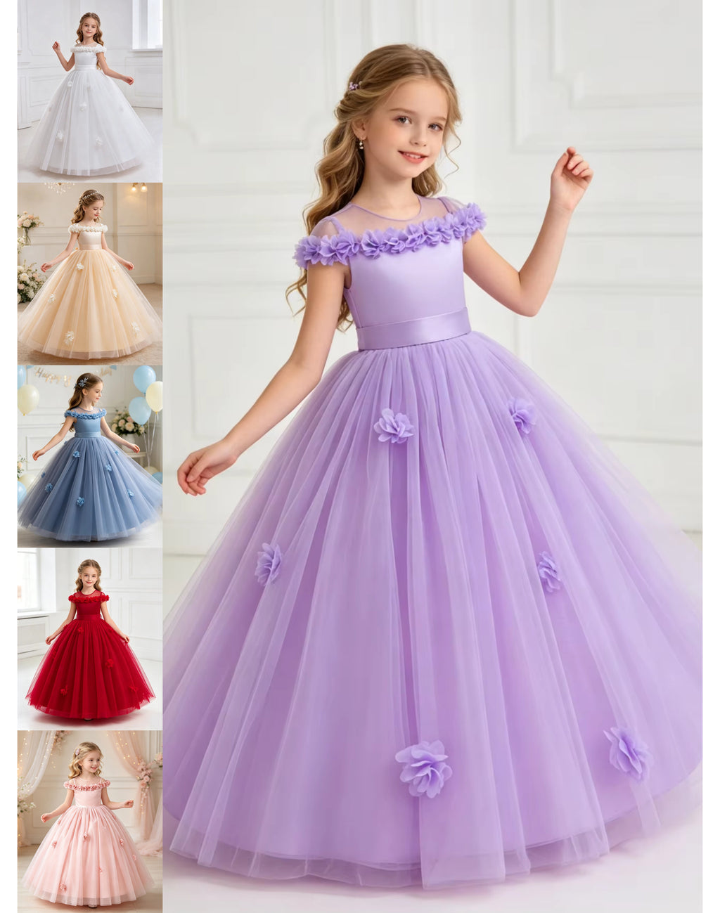 5231 Spring Wedding Little Girls Dress Blush Pink Floral Trim Long Gown for Easter Communion Baptism Bridesmaid Birthday Photoshoot