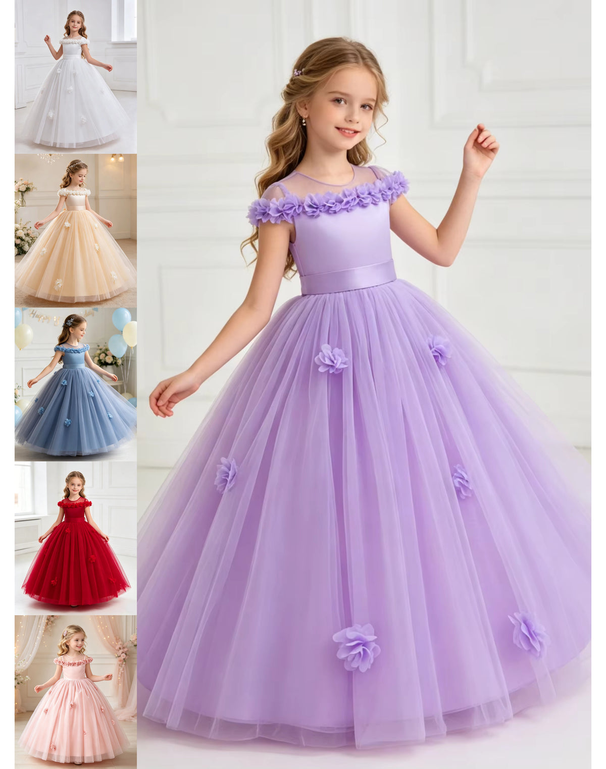 5231 Spring Wedding Little Girls Dress Blush Pink Floral Trim Long Gown for Easter Communion Baptism Bridesmaid Birthday Photoshoot
