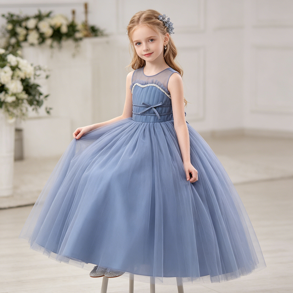 5255 Flower Girls Tulle Wedding Dress a Line Long Formal Pageant Princess Birthday Party Ball Gown Bridesmaid Dresses