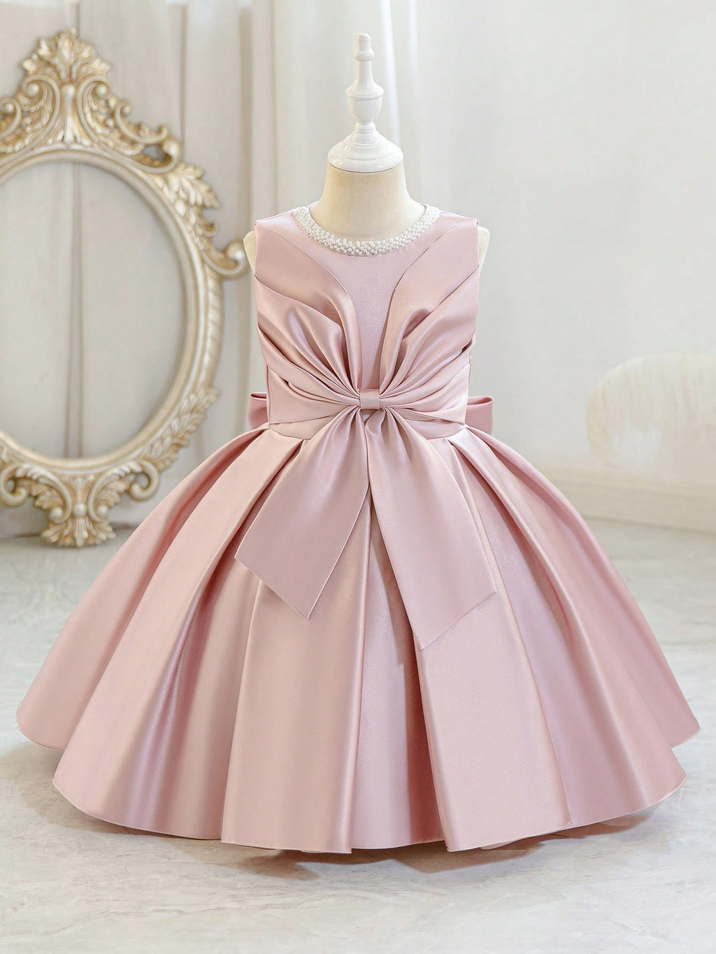 5323 Wholesale Beautiful Satin Beaded Pink Formal Short Pageant Princess Frock Dress for Little Girls 5 Years Old Birthday Party