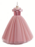 5327 Wholesale 2026 New Tulle Sequins Pink Formal Prom Princess Long Ball Gown Flower Girl Dress for 11 to 15 Years Old Young Girls