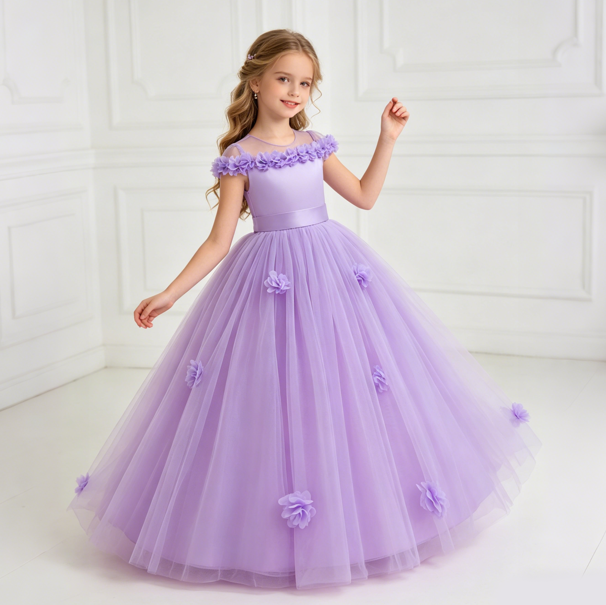 5231 Spring Wedding Little Girls Dress Blush Pink Floral Trim Long Gown for Easter Communion Baptism Bridesmaid Birthday Photoshoot