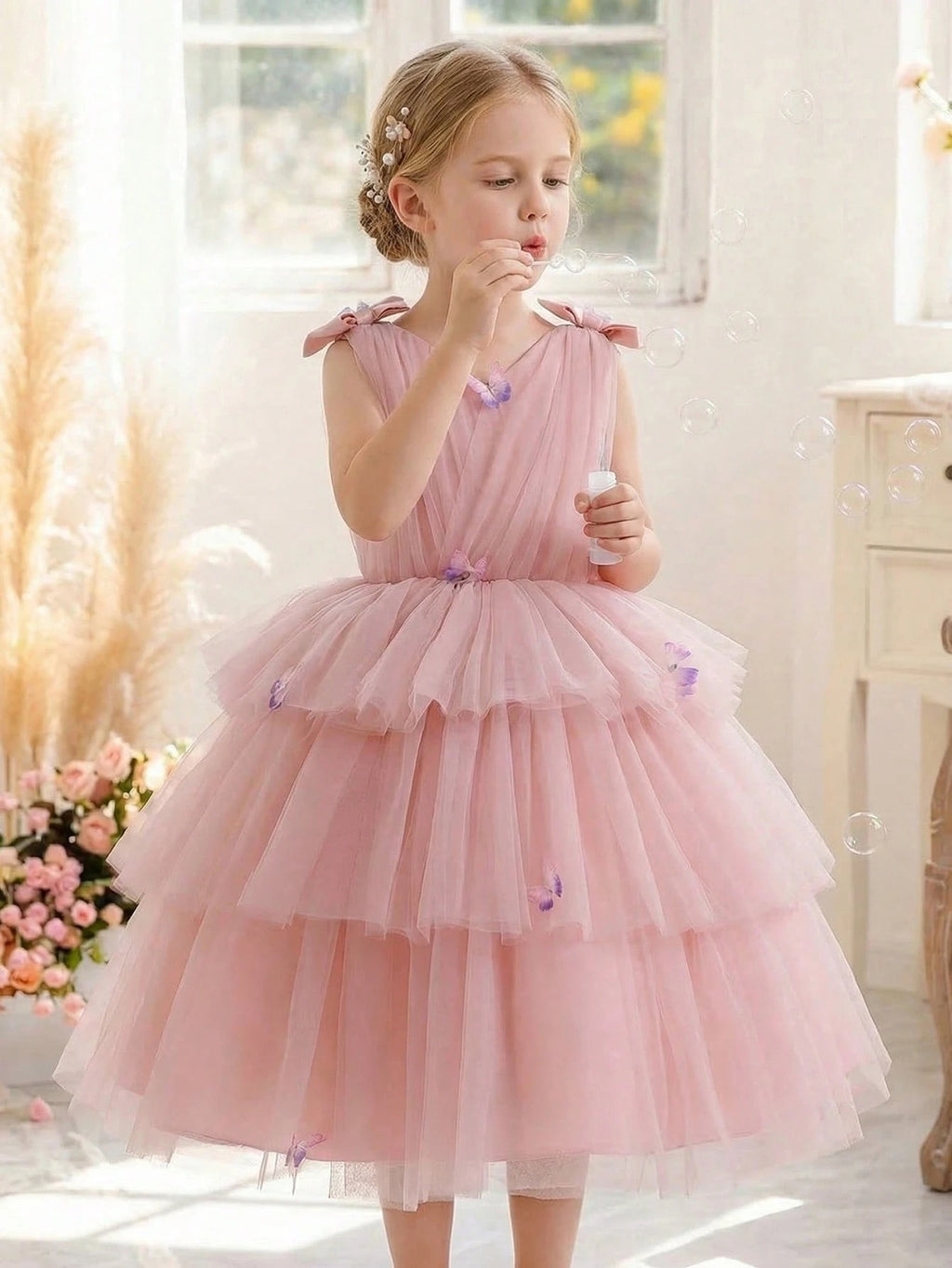 5276 Wholesale Afghani Smocked Tulle Tutu Pink Summer Princess Ball Gown for Toddler Little Girls Kids 7Y Birthday Party Pageant