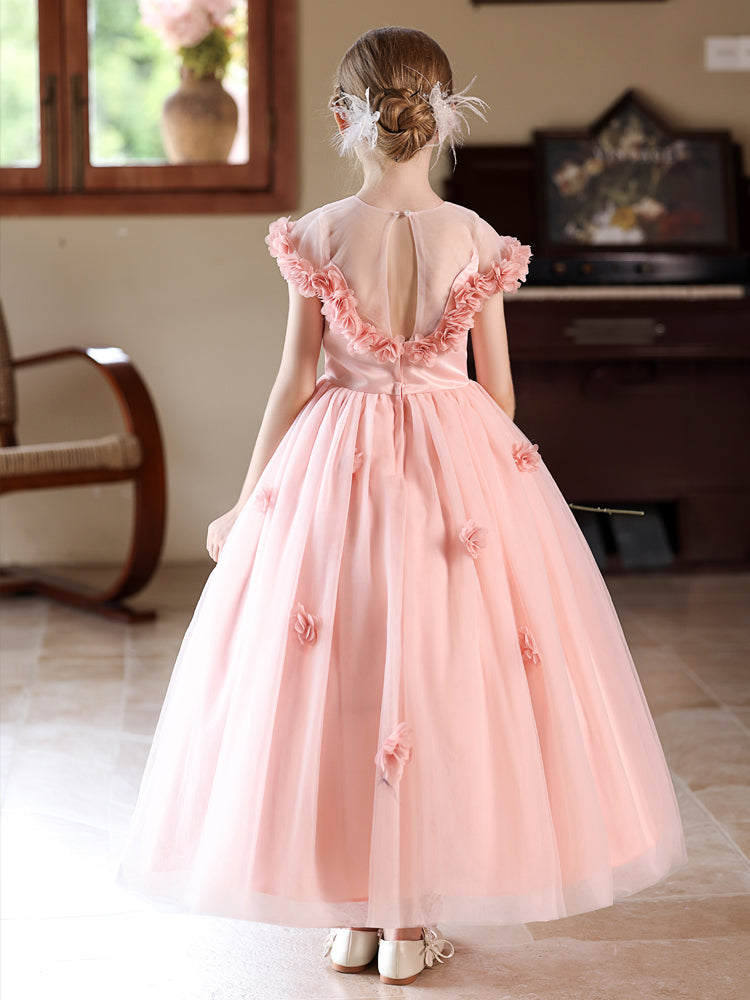 5231 Spring Wedding Little Girls Dress Blush Pink Floral Trim Long Gown for Easter Communion Baptism Bridesmaid Birthday Photoshoot