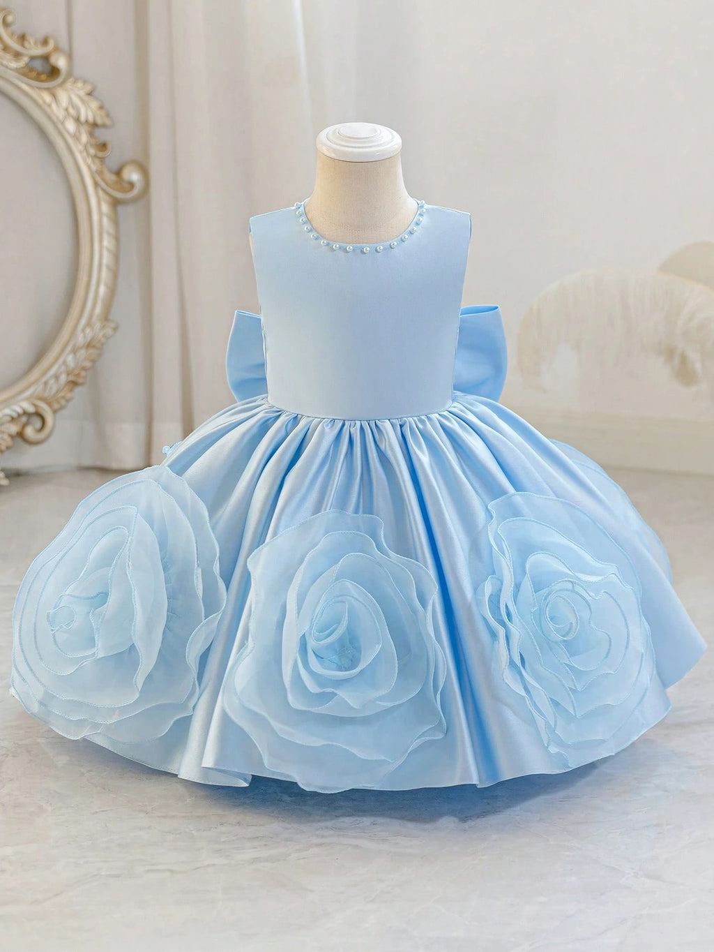 5321 Wholesale Satin 3D Flower Sleeveless Formal Princess Dress for 6Y 7Y 8 Years Old Little Girls Kids Birthday Party Night Gown