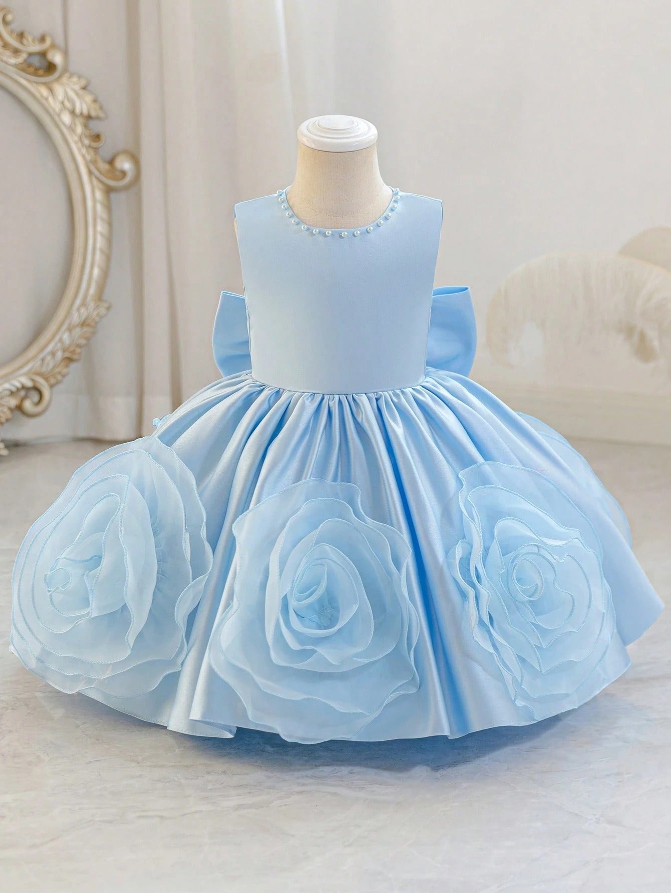 5321 Wholesale Satin 3D Flower Sleeveless Formal Princess Dress for 6Y 7Y 8 Years Old Little Girls Kids Birthday Party Night Gown