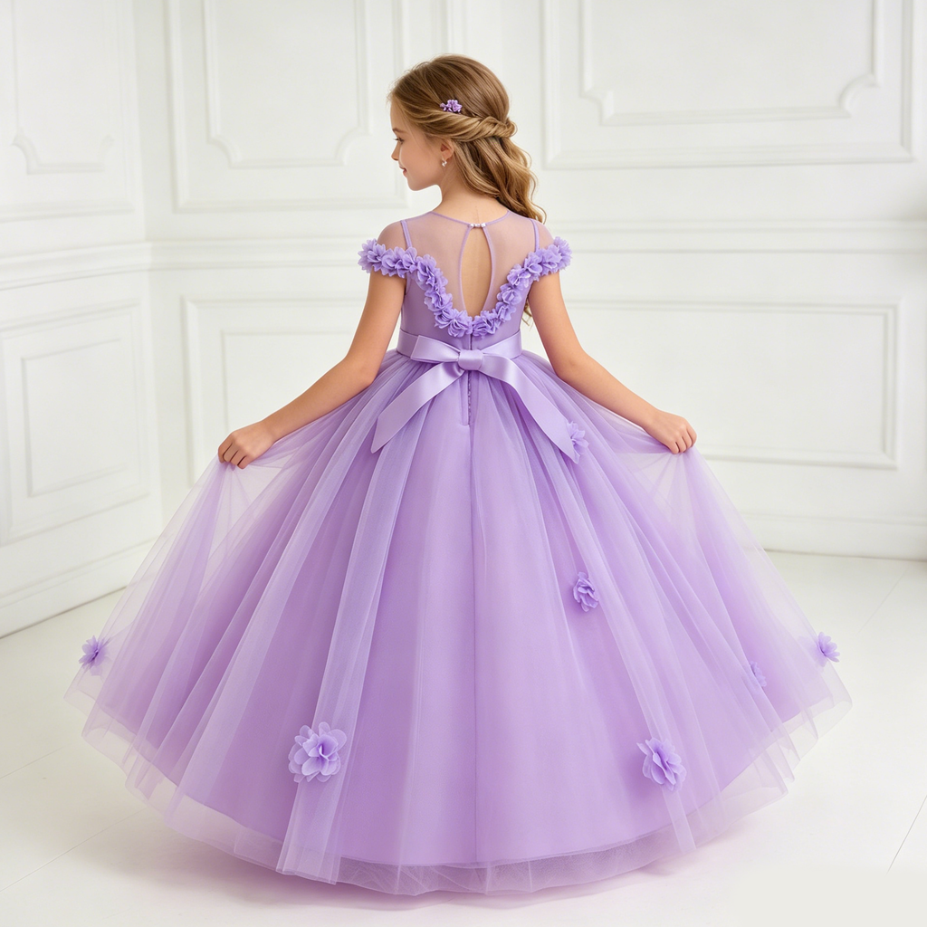5231 Spring Wedding Little Girls Dress Blush Pink Floral Trim Long Gown for Easter Communion Baptism Bridesmaid Birthday Photoshoot