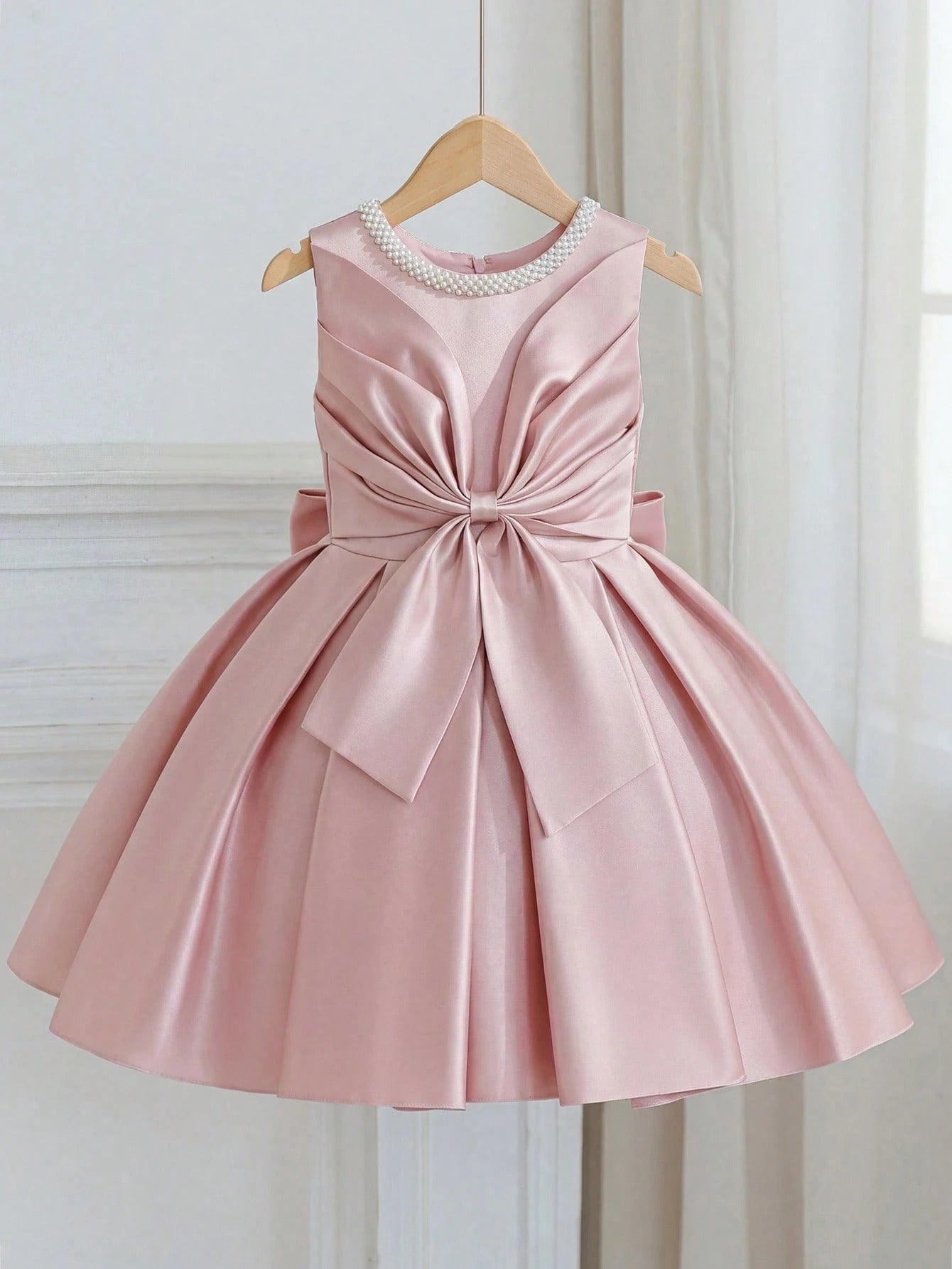 5323 Wholesale Beautiful Satin Beaded Pink Formal Short Pageant Princess Frock Dress for Little Girls 5 Years Old Birthday Party