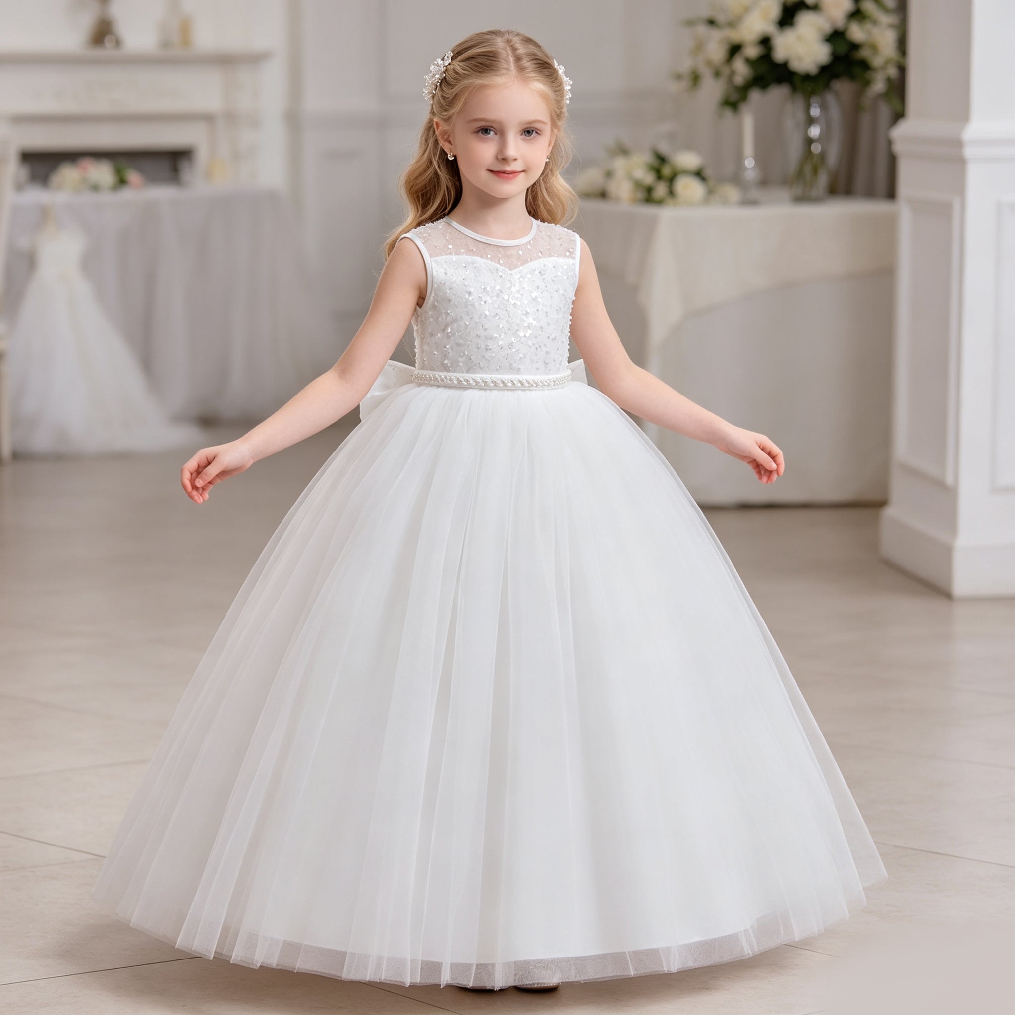 5137 Wholesale White Lace First Communion Dress Kids Flower Girl Formal Wear for Church First Holy Communion Ceremony