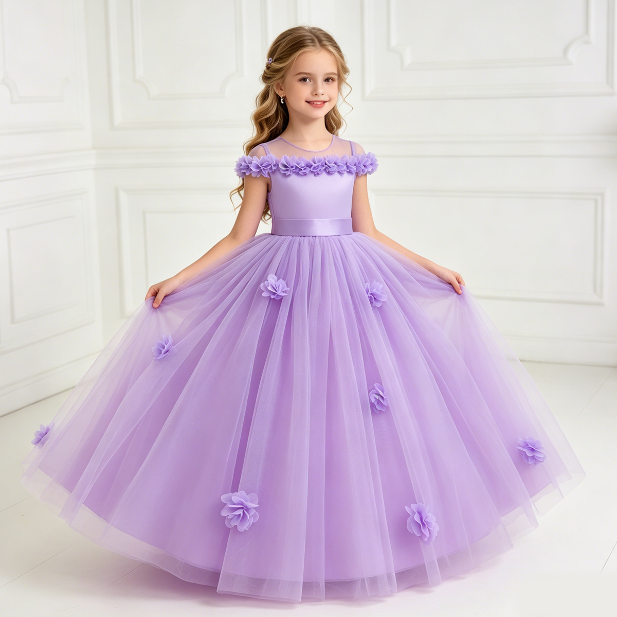 5231 Spring Wedding Little Girls Dress Blush Pink Floral Trim Long Gown for Easter Communion Baptism Bridesmaid Birthday Photoshoot