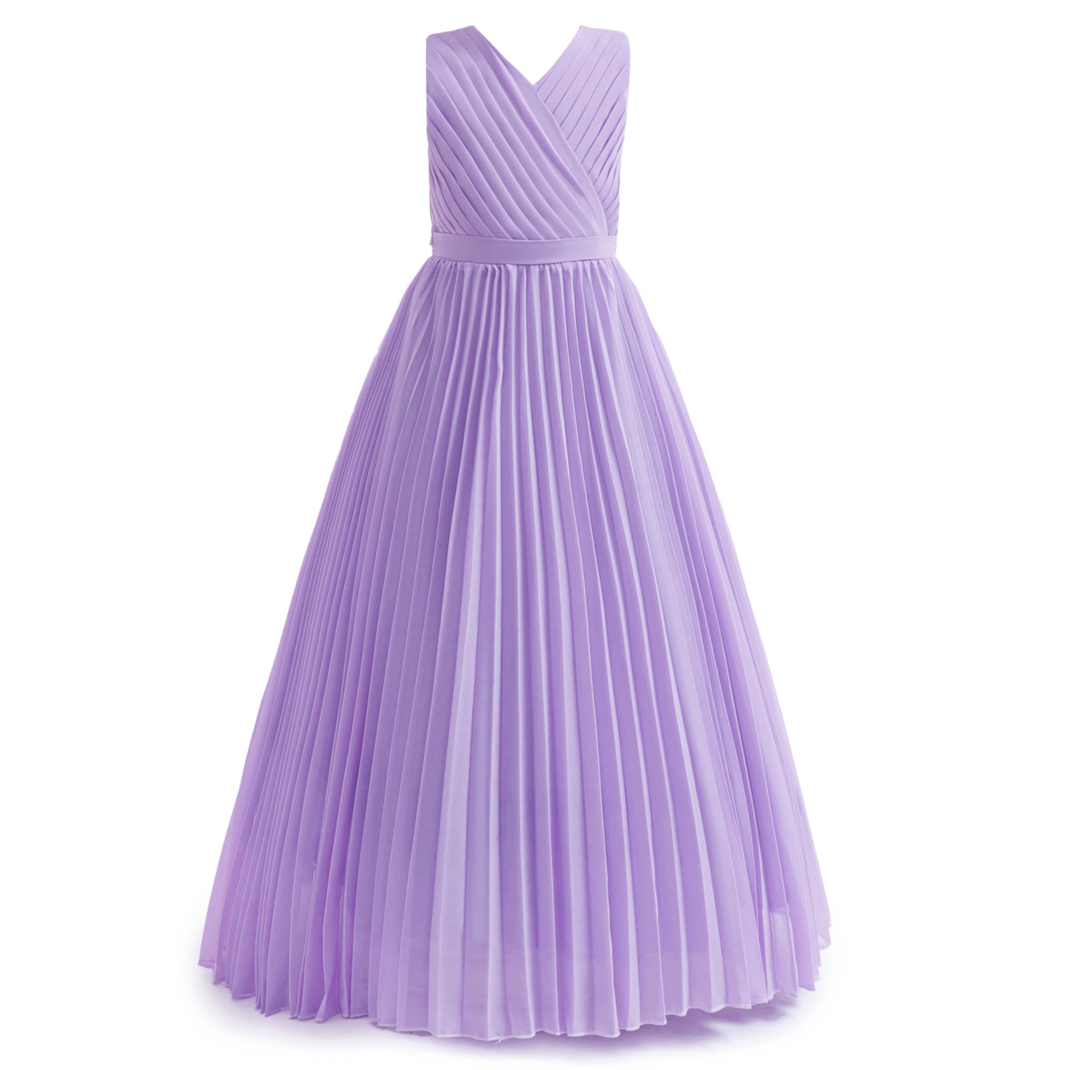 5272 Girls Formal Dress Royal Blue Chiffon V Neck Pleated Floor Length Junior Bridesmaid Gown for Wedding Party Graduation Wear