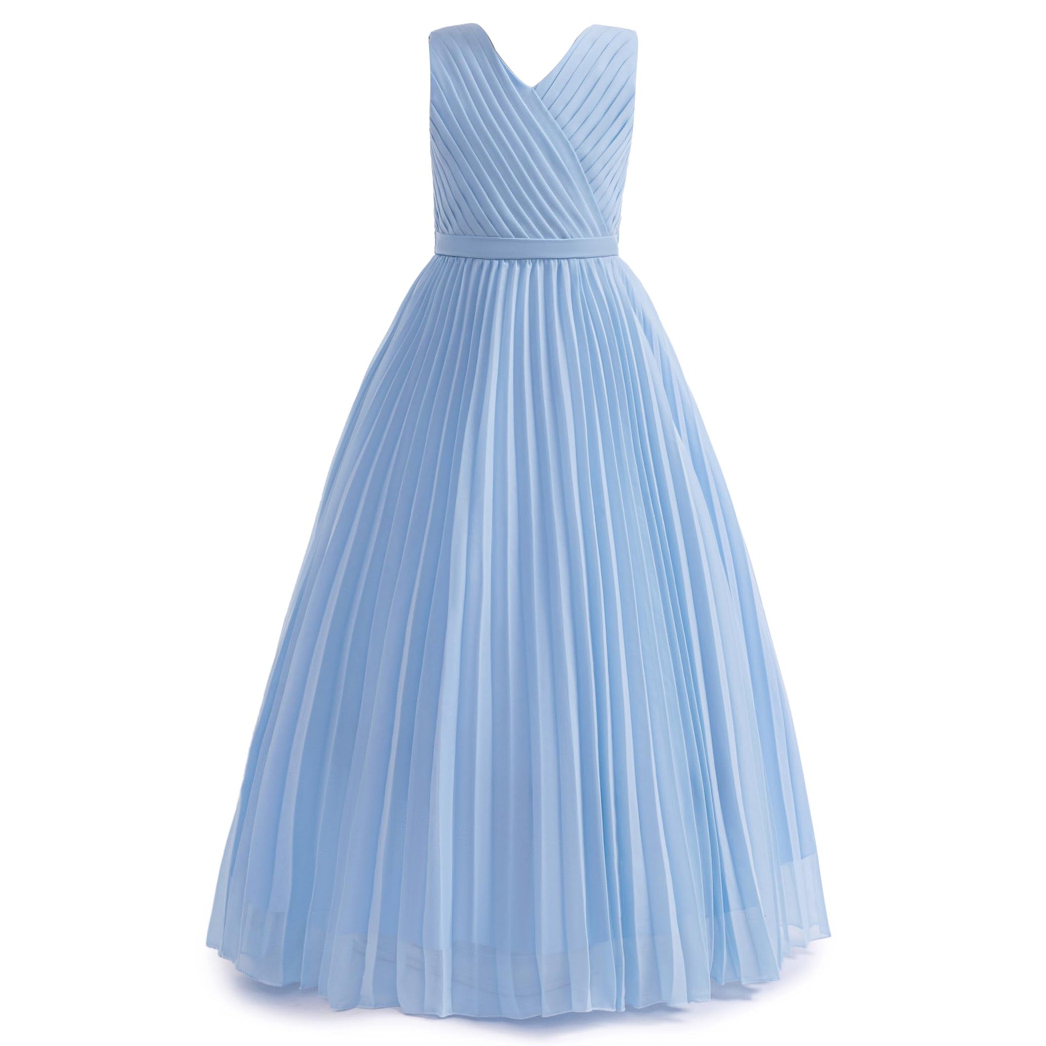5272 Girls Formal Dress Royal Blue Chiffon V Neck Pleated Floor Length Junior Bridesmaid Gown for Wedding Party Graduation Wear