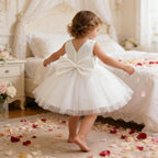 5296 Wholesale Baby Girls White Pearl Tulle Dress 1-4 Years Flower Girl Wedding Baptism Party Gown OEM Kids Clothing Supplier Wear