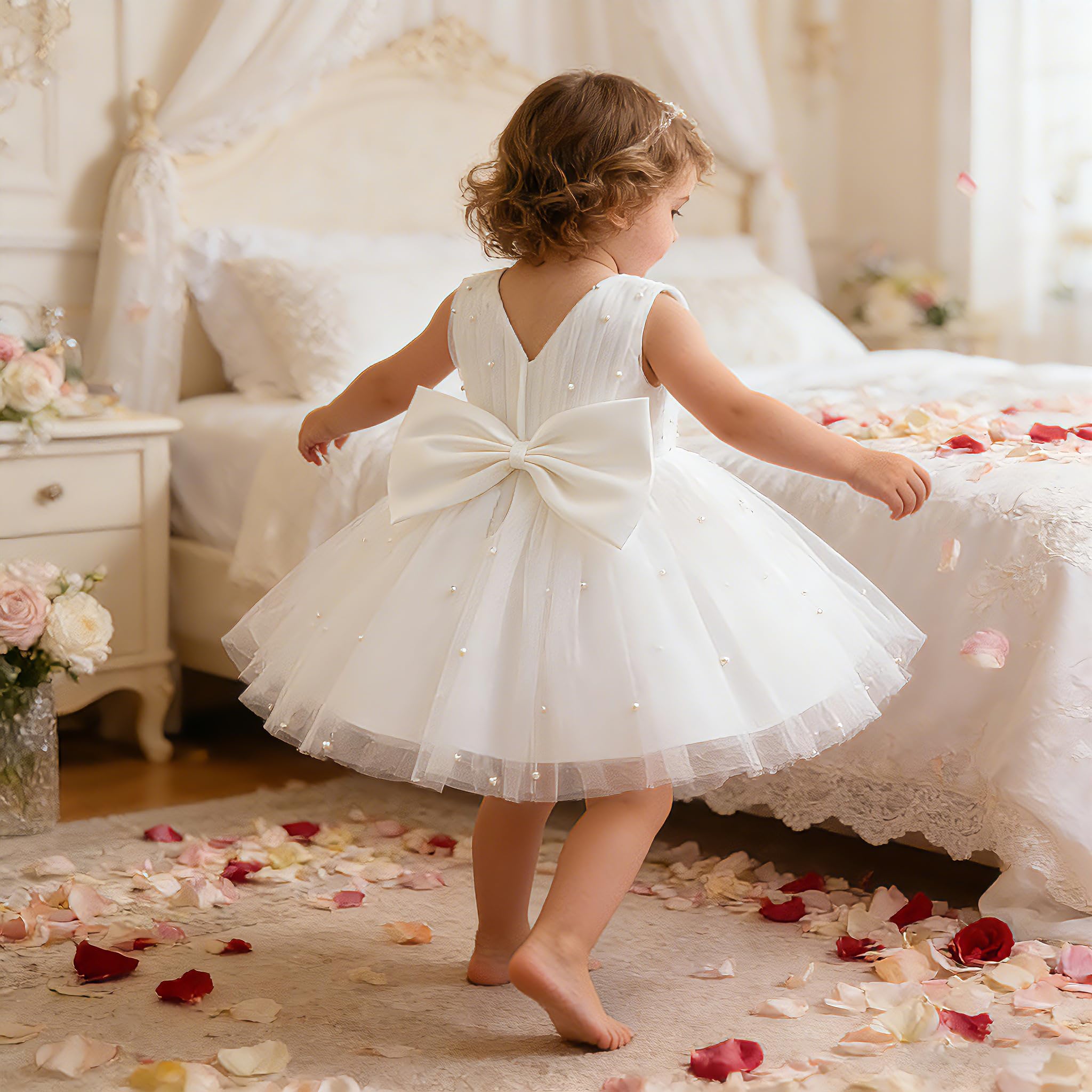 5296 Wholesale Baby Girls White Pearl Tulle Dress 1-4 Years Flower Girl Wedding Baptism Party Gown OEM Kids Clothing Supplier Wear