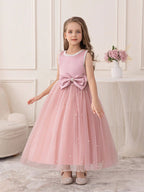 5087 Girls Pink Pageant Dress Sleeveless Pearls Tulle Flower Girl Dresses Big Bow Formal Wedding Birthday Party Princess Gown for 5-11 Years Old Kids