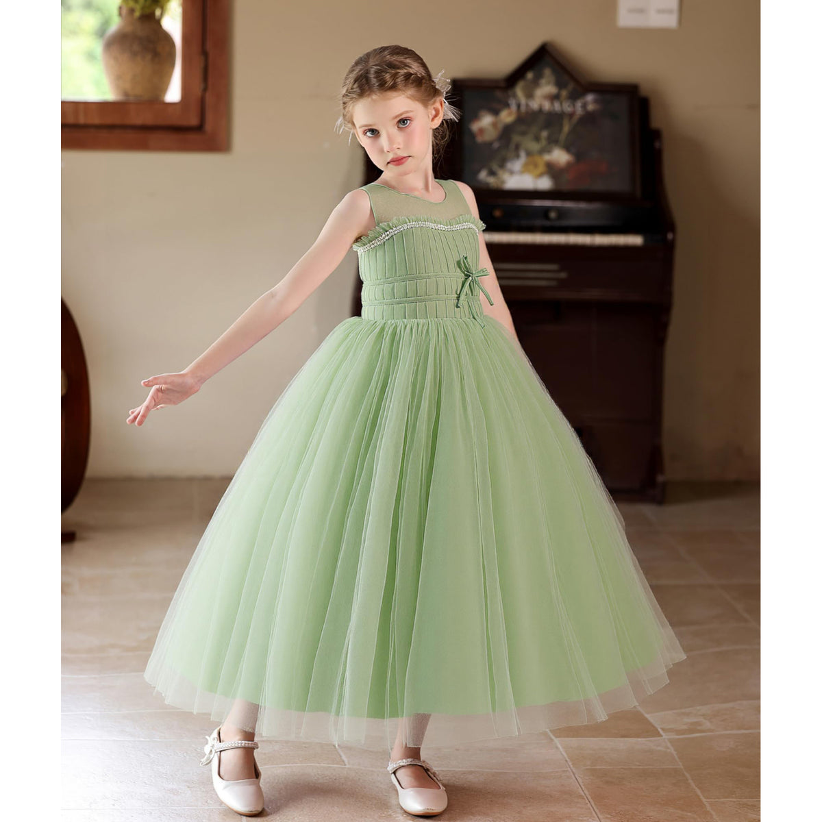 5255 Flower Girls Tulle Wedding Dress a Line Long Formal Pageant Princess Birthday Party Ball Gown Bridesmaid Dresses