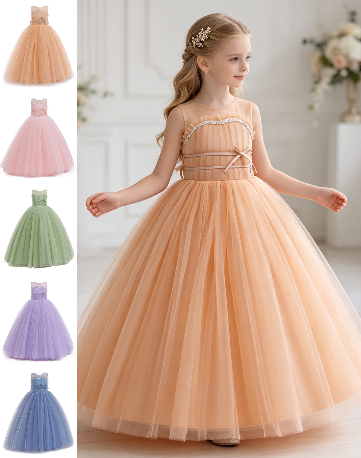 5255 Flower Girls Tulle Wedding Dress a Line Long Formal Pageant Princess Birthday Party Ball Gown Bridesmaid Dresses