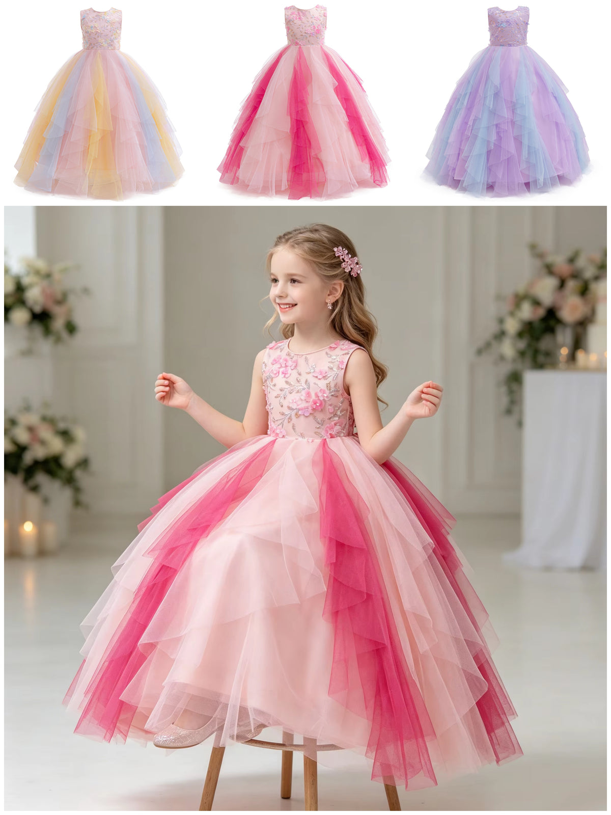 5233 Wholesale Girls Formal Tulle Dress Long a Line Wedding Pageant Princess Birthday Party Dance Prom Ball Gown Flower Girls Dress