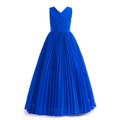 5272 Girls Formal Dress Royal Blue Chiffon V Neck Pleated Floor Length Junior Bridesmaid Gown for Wedding Party Graduation Wear