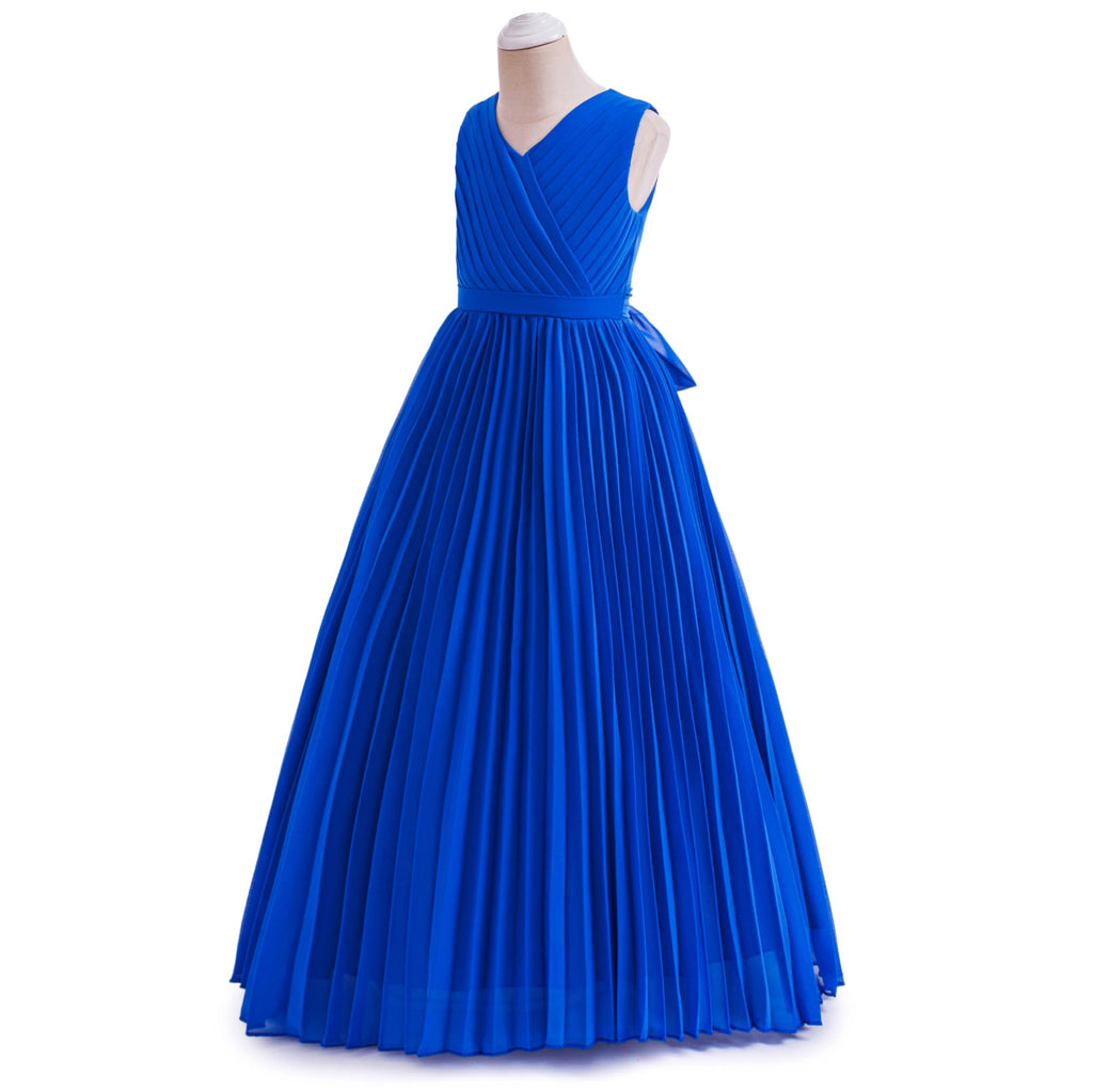 5272 Girls Formal Dress Royal Blue Chiffon V Neck Pleated Floor Length Junior Bridesmaid Gown for Wedding Party Graduation Wear