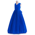 5272 Girls Formal Dress Royal Blue Chiffon V Neck Pleated Floor Length Junior Bridesmaid Gown for Wedding Party Graduation Wear