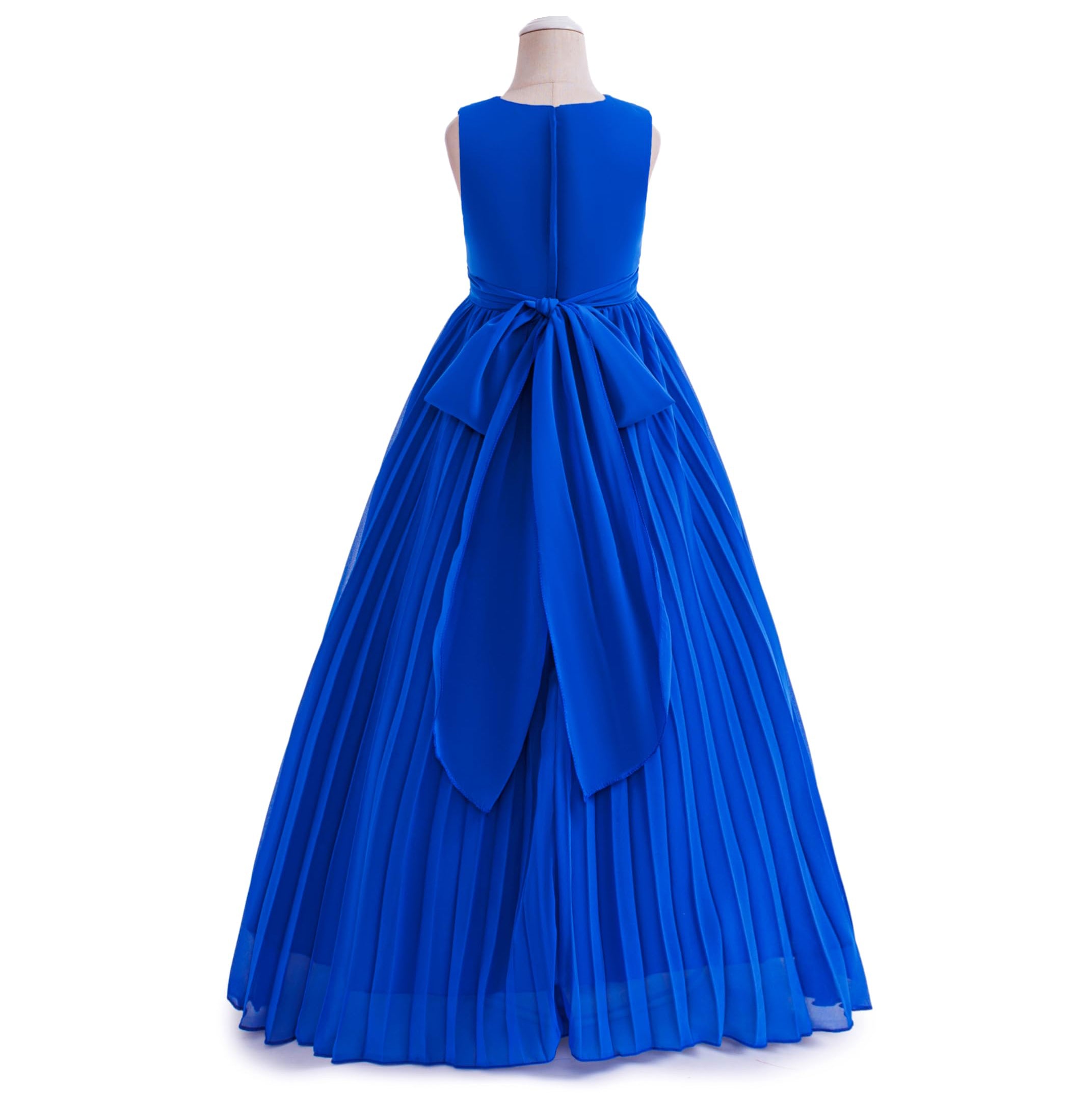5272 Girls Formal Dress Royal Blue Chiffon V Neck Pleated Floor Length Junior Bridesmaid Gown for Wedding Party Graduation Wear