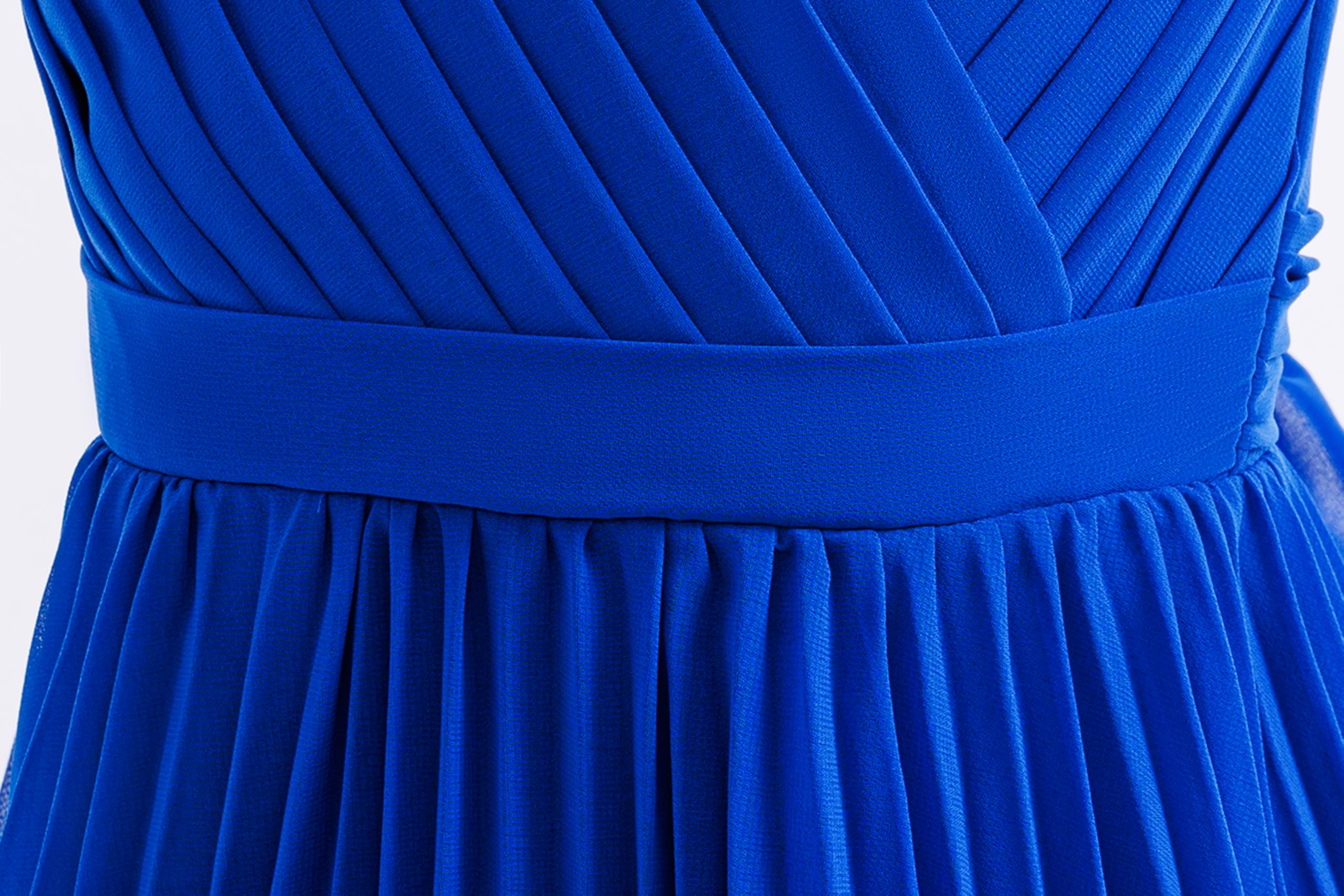 5272 Girls Formal Dress Royal Blue Chiffon V Neck Pleated Floor Length Junior Bridesmaid Gown for Wedding Party Graduation Wear