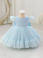 5298 Blue Infant Baby Girl Tulle Dress Satin Bow Birthday Wedding Baby Girl Pageant Princess Gown Party Outfit 3 to 24 Months