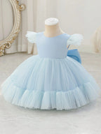 5298 Blue Infant Baby Girl Tulle Dress Satin Bow Birthday Wedding Baby Girl Pageant Princess Gown Party Outfit 3 to 24 Months