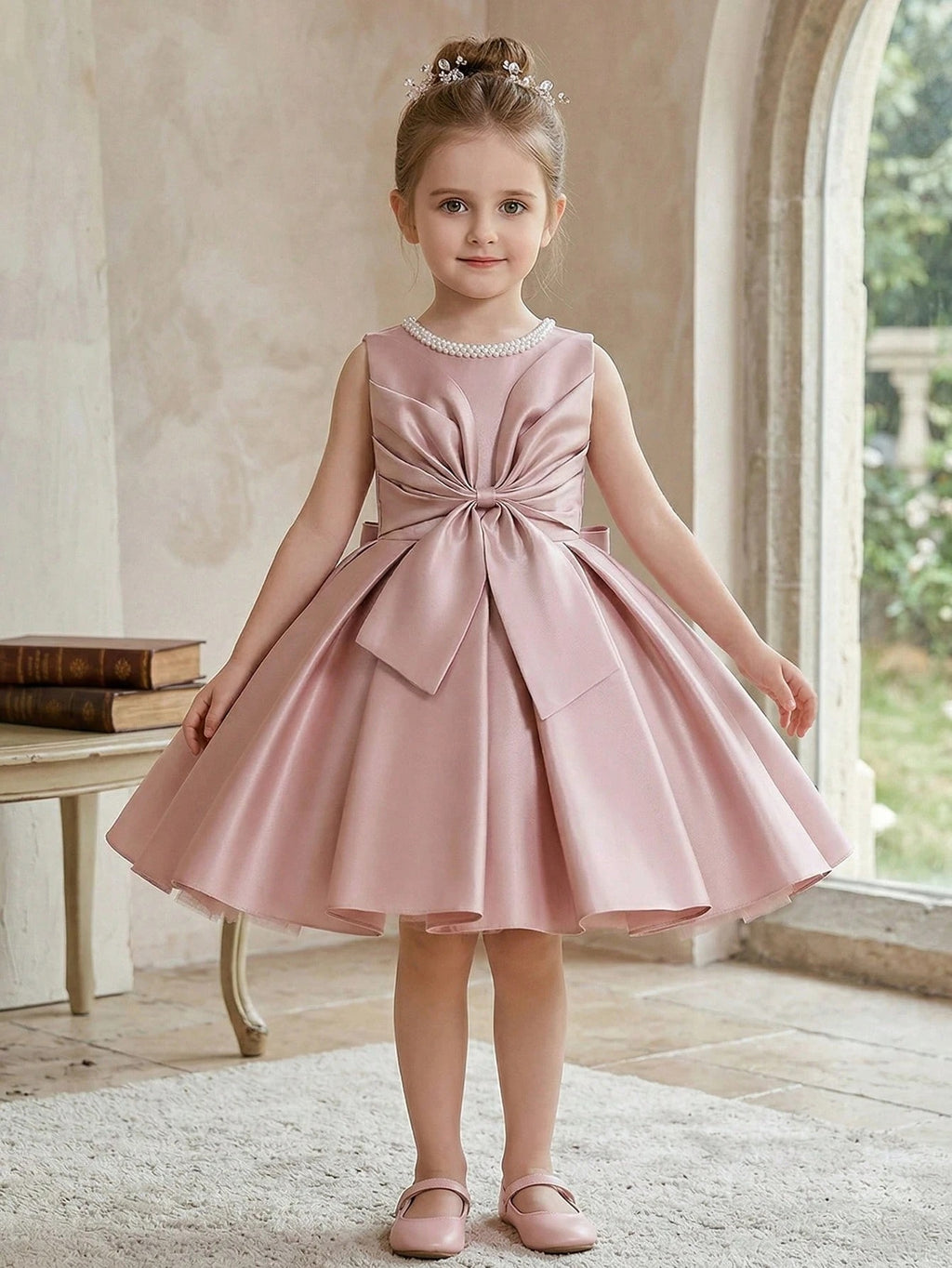 5323 Wholesale Beautiful Satin Beaded Pink Formal Short Pageant Princess Frock Dress for Little Girls 5 Years Old Birthday Party