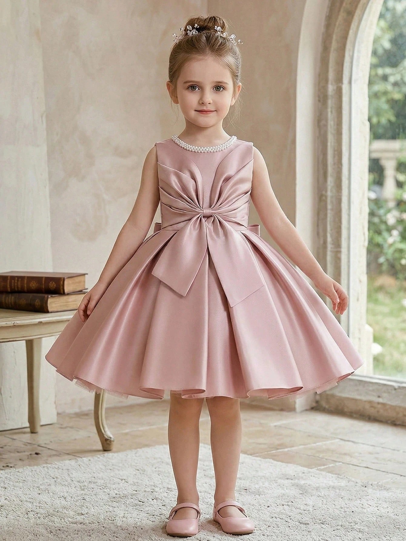 5323 Wholesale Beautiful Satin Beaded Pink Formal Short Pageant Princess Frock Dress for Little Girls 5 Years Old Birthday Party