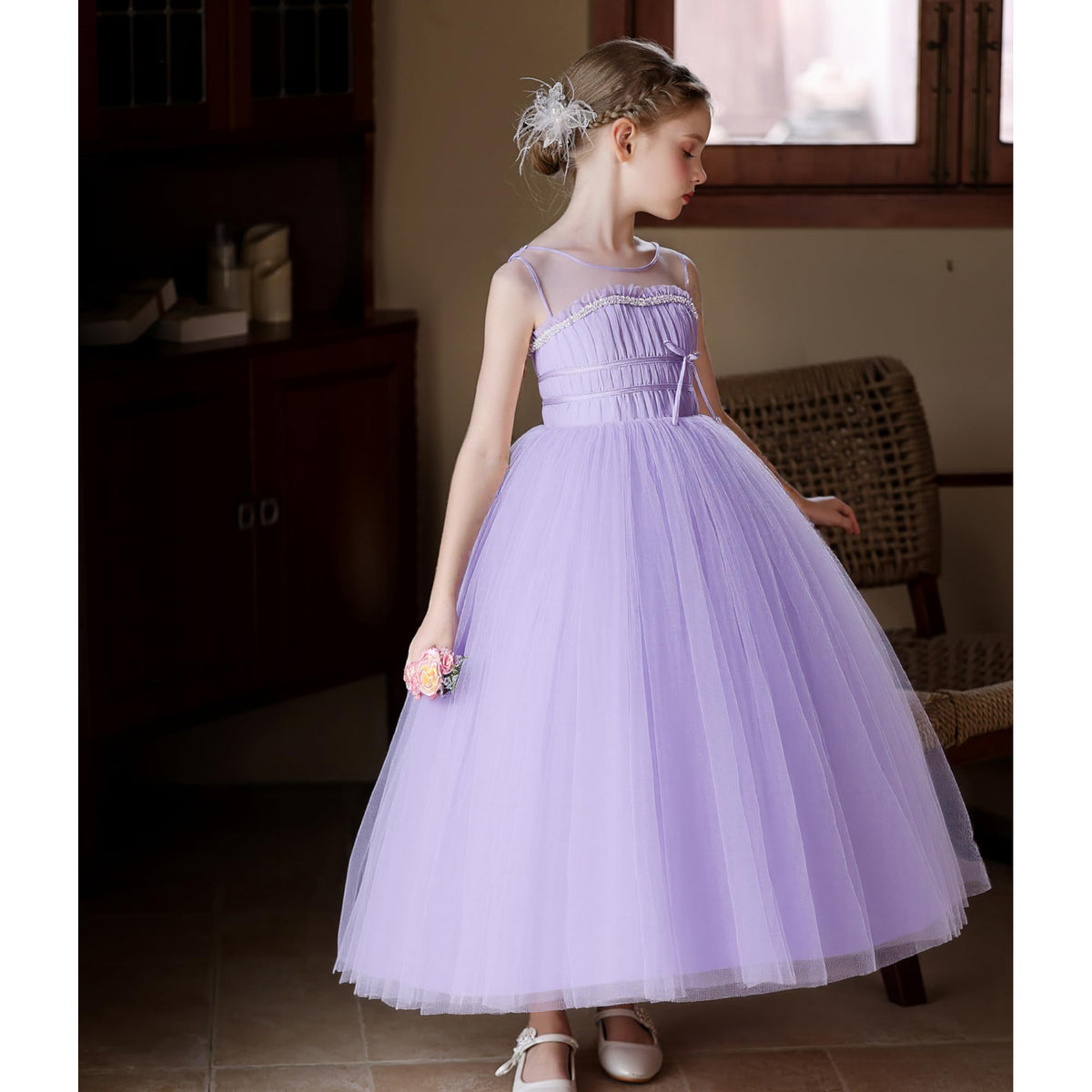 5255 Flower Girls Tulle Wedding Dress a Line Long Formal Pageant Princess Birthday Party Ball Gown Bridesmaid Dresses