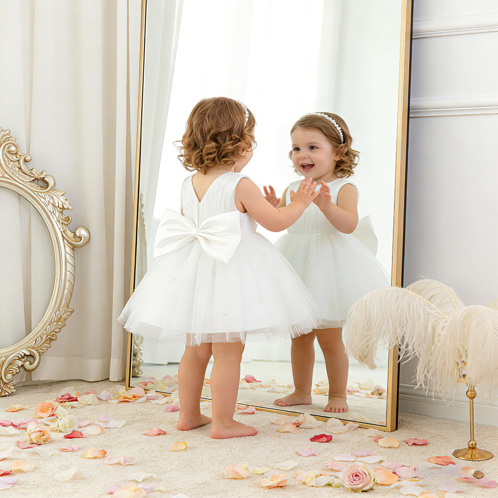 5296 Wholesale Baby Girls White Pearl Tulle Dress 1-4 Years Flower Girl Wedding Baptism Party Gown OEM Kids Clothing Supplier Wear