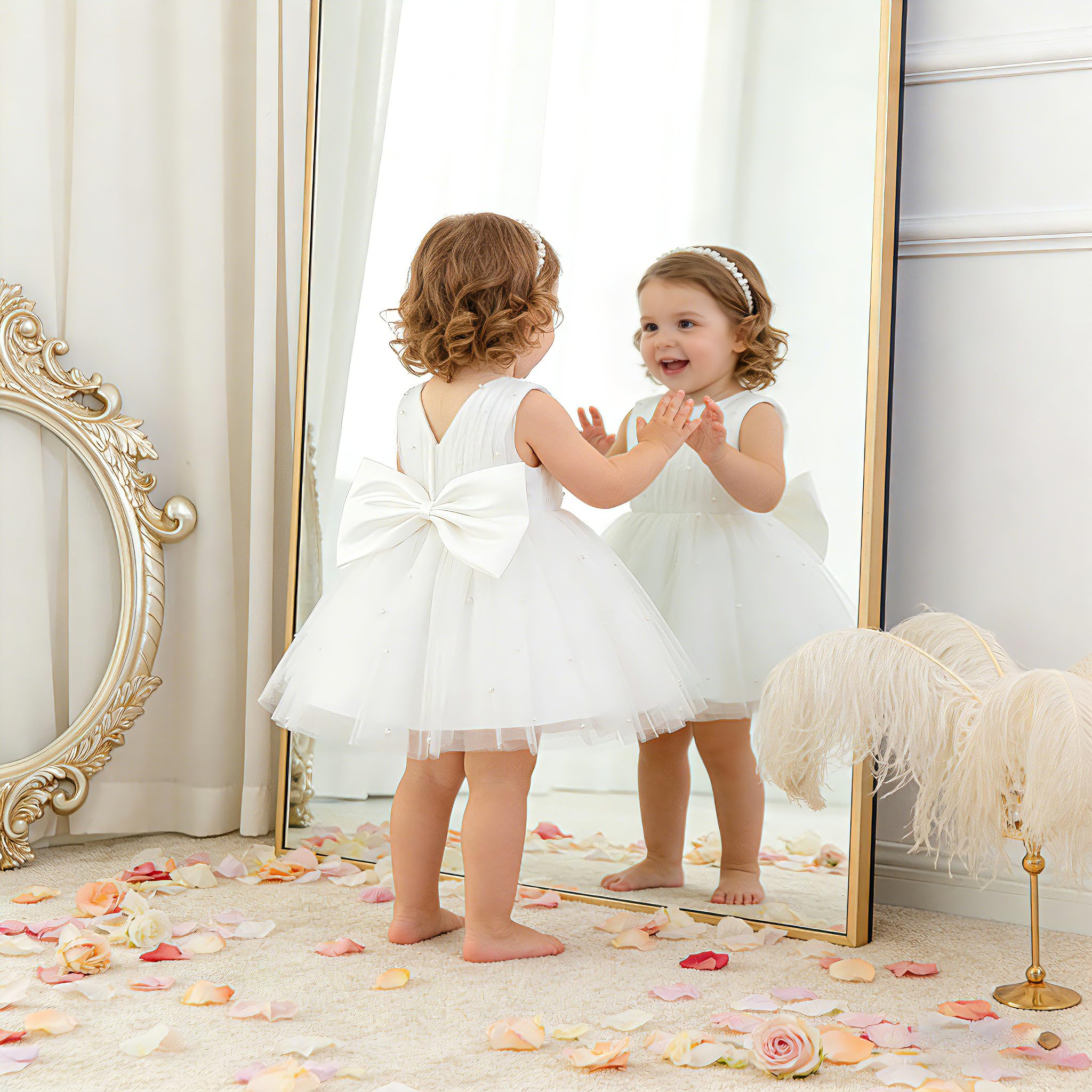 5296 Wholesale Baby Girls White Pearl Tulle Dress 1-4 Years Flower Girl Wedding Baptism Party Gown OEM Kids Clothing Supplier Wear